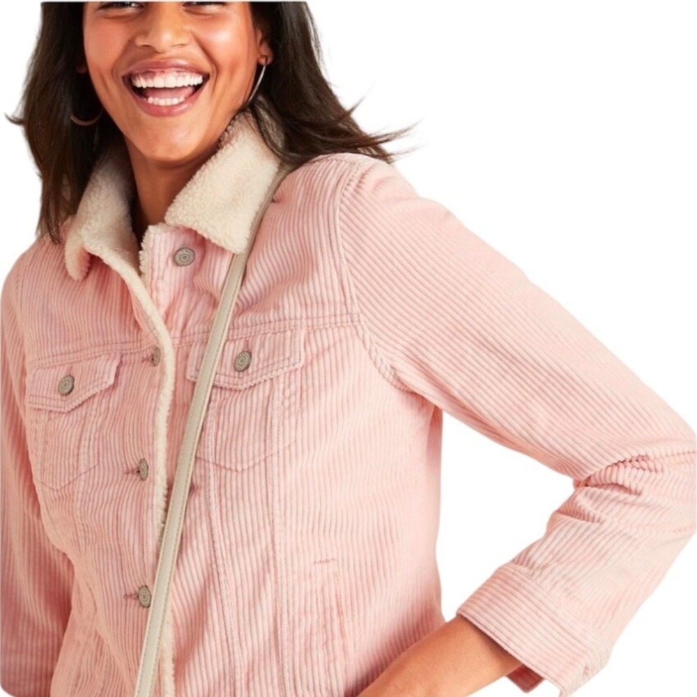 Old Navy Womens XS Pink Corduroy Sherpa Lined Trucker Jacket Pastelā Boho Casual